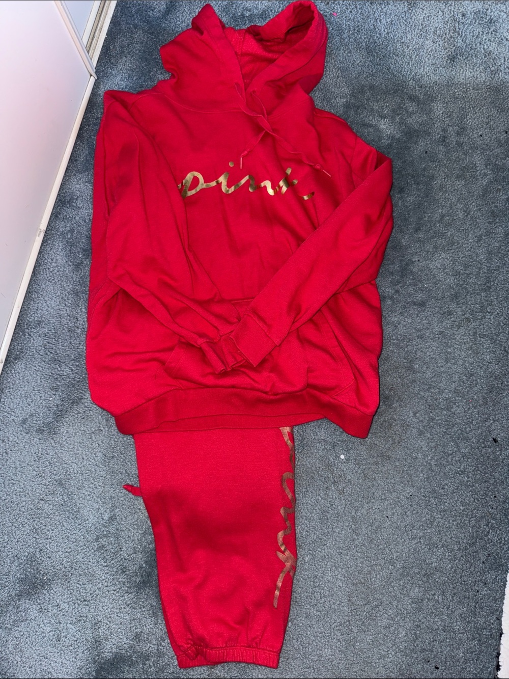 Victoria's Secret PINK Red Hoodie & Jogger Set with Gold Script